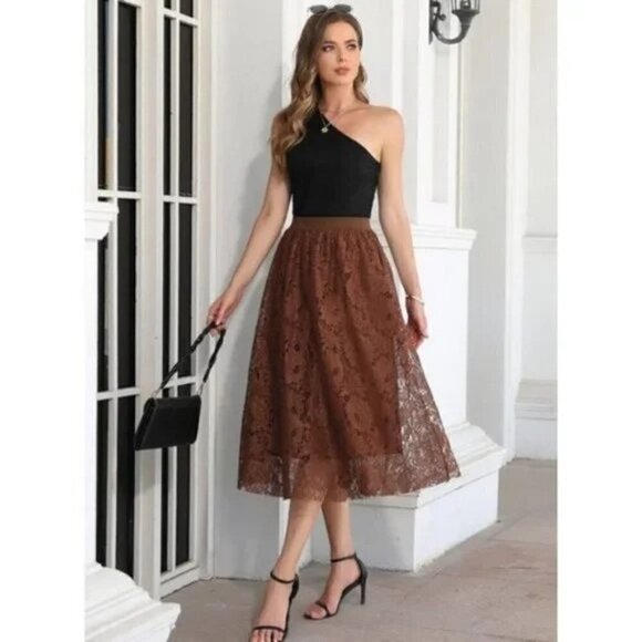 Boutique Brown Lace High Waist A-Line Midi Skirt 4 - Picture 1 of 4